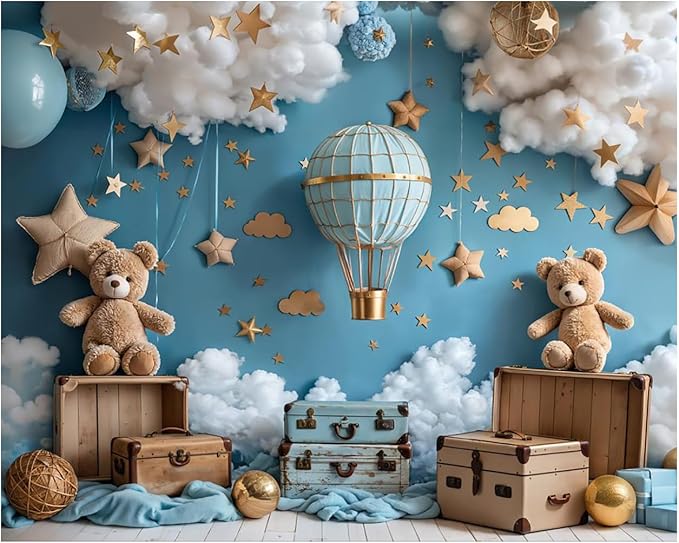 Kate 10x8ft Sweet 1st Birthday Party Backdrops for Photography Hot Air Balloon Background Toy Bear Cloud Backgrounds Baby Birthday Party Cake Smash Studio Backdrop