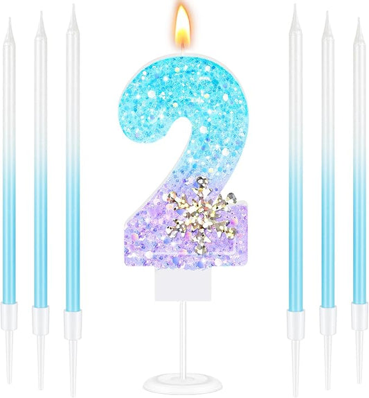 MTLEE Number 2 Birthday Candle Blue Snowflake with 6 Long Thin Cupcake Candles Blue Sparklers Glitter Number Happy Birthday Cake Topper Decorations for Winter Party Supplies