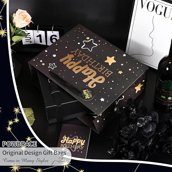 13" Black Happy Birthday Gift Bag with Tissue Paper and Greeting Card for Party,Happy Birthday Gift Bag for Men Women,Gift Bags Medium size(20 PCS Black Hot Stamping)