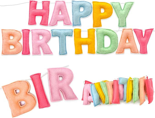 Pre-Strung 3D Pastel Felt Happy Birthday Banner, Handmade Macaron Color Birthday Garland for Party Decorations, Reusable Happy Birthday Sign for Kids Party Supplies Girls Women Rainbow Party Décor