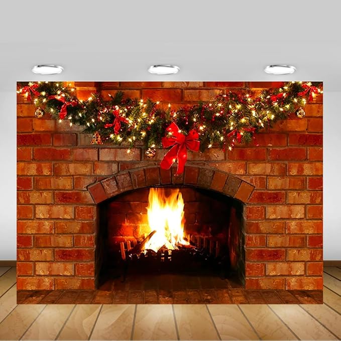 Mocsicka Christmas Fireplace Photography Backdrop Red Brick Fireplace Background for Xmas Eve Home Decor Xmas Family Party Selfie Photo Props (8x6ft)