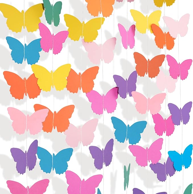 42FT Colorful Rainbow Butterfly Garland, Paper Hanging Butterfly Streamers, Colorful Hanging Decorations for Birthday, Wedding, Baby Shower, Classroom, Graduation Party Supplies