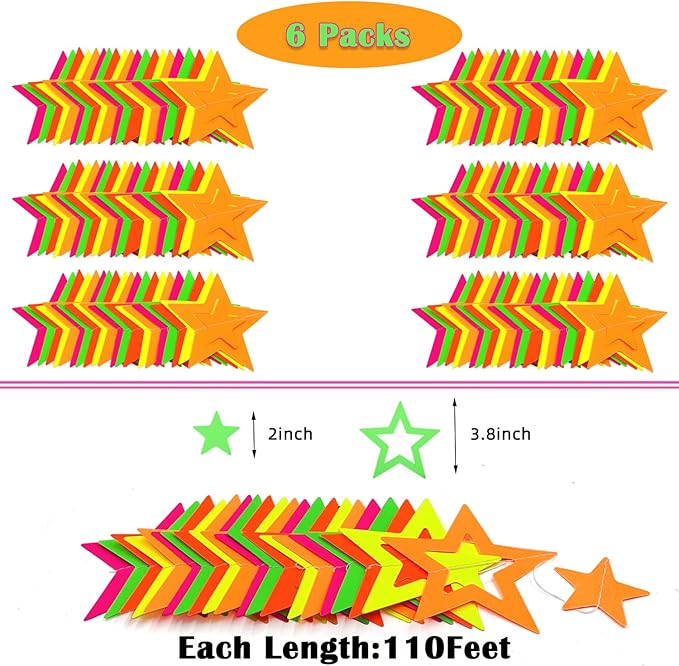 WELITTCON 102feet Neon Paper Garland Streamers Hollowed Star Black Light Decorations Glow Party UV Reactive Favors in The Dark Supplies for Wedding Birthday Garlands