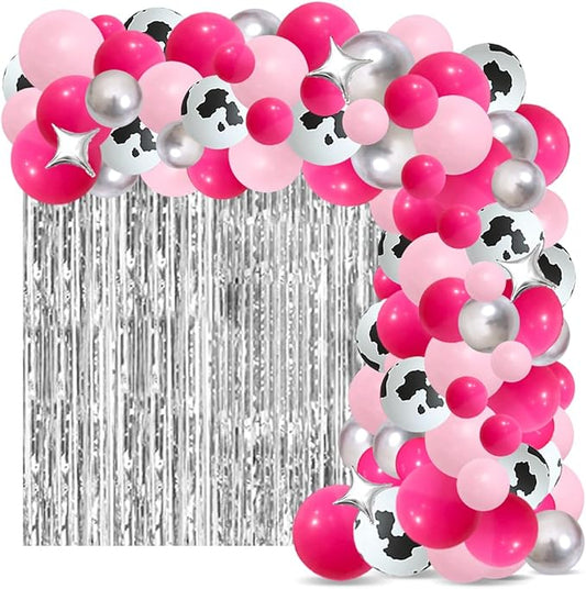 Pink Silver Balloon Garland Arch Kit - Rose Red Hot Pink Silver Balloons Cow Print Balloon for Western Cowgirl Birthday Bridal Shower Wedding Bachelorette Party Decorations