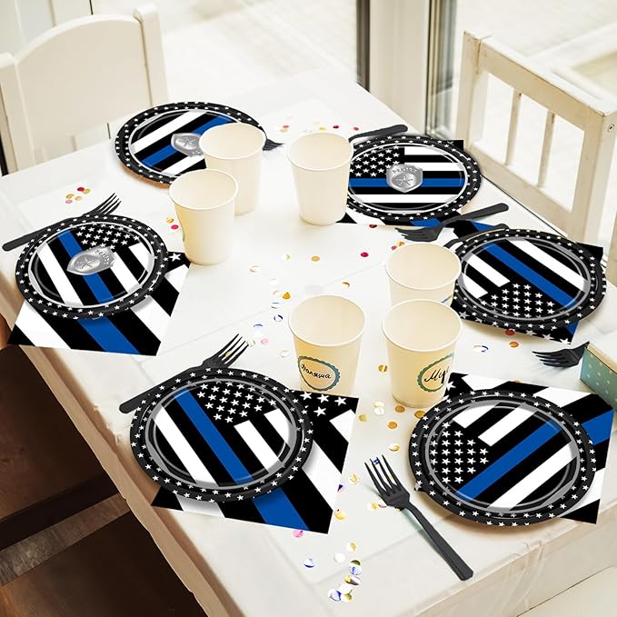 Qyeahkj 100Pcs Police Party Decorations for Congrats Officer Party Supplies Thin Blue Line Flag Plate Napkin Forks Disposable Police Department Badge Birthday Paper Tableware Dinnerware Serve 25