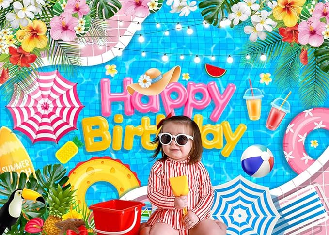 Mocsicka Summer Pool Birthday Party Backdrop Swimming for Happy Birthday Party Decorations Floral Lifebuoy Fruit Water Flamingo Photography Background (Blue, 10x7ft(120''x82''))