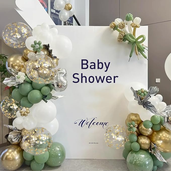 MEBAY 155Pcs Sage Green White Gold Balloon Garland Arch Kit with Gold Confetti Balloons for Graduation Baby Shower Decor Happy Birthday Party Wedding Jungle Decorations