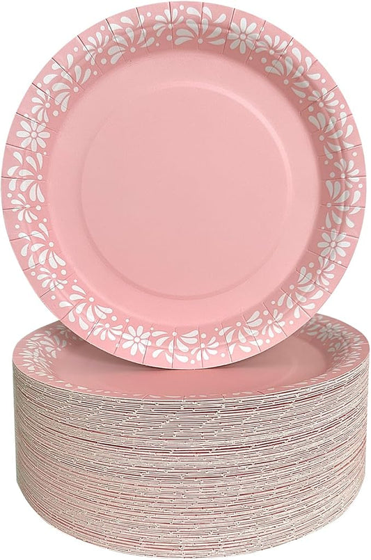 Pink Mexican Fiesta Paper Plates 100pcs (2x50), 9-Inch Disposable Party Plates, Cinco de Mayo Decorations, Cielito Lindo Party Decor, Boho Pink Plates for Birthday, Baby Shower, Wedding(Pink, 100pcs)