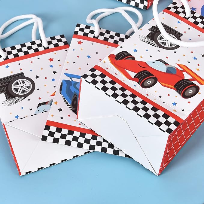 WERNNSAI Party Gift Bags - 16PCS Racing Car Birthday Party Supplies Goodie Candy Gifts Bags Party Treats Racing Car Storage Paper Bag with Handles for Boys Birthday Baby Shower Red