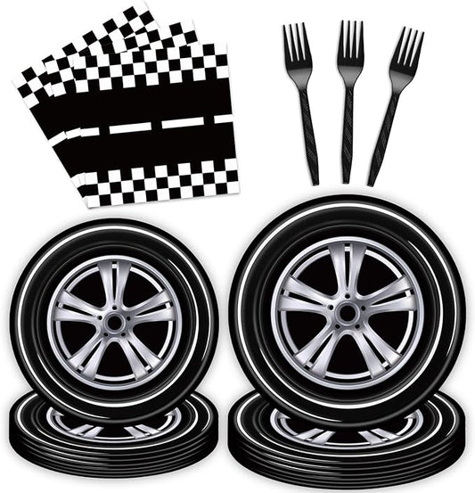 96 Pcs Race Car Party Plates and Napkins Sets, Racing Car Race Track Party Supplies Disposable Tableware Decorations Racing Wheel Sports Themed Dinnerware for Boys/Kids Birthday Party, Serves 24
