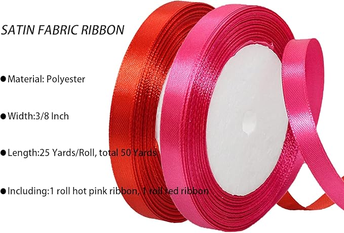 2 Rolls Red Hot Pink Ribbon, 3/8 Inch x 50 Yards Satin Fabric Ribbon for Flower Bouquets, Gift Wrapping, DIY Crafts, Birthday Cakes, Holiday, Wedding Party and Mother’s Day Decorations