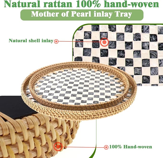 Round Rattan Tray with Mother of Pearl Inlay, Handwoven Wicker Coffee Table Serving Basket Tray for Fruit Snack Party Picnic Cafe Bedroom Kitchen Home Decor Set of 2 (Checkerboard)
