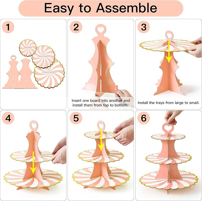 Soleebee 3-Tier Cupcake Stand, Cardboard Cupcake Tower, Dessert Cup Cake Stand Tower for Birthday Wedding Party Decoration, Cupcake Tier Stand 1 Set (Pink Gold)