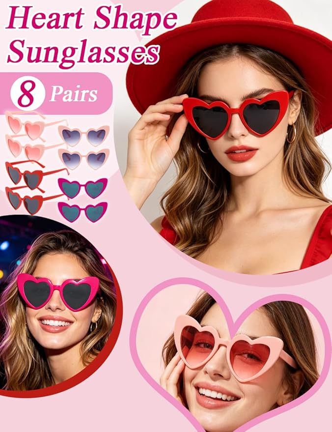 8 Pack Heart Sunglasses Vintage Cat Eye Heart Glasses Retro Bachelorette Bride Sunglasses Bulk for Women