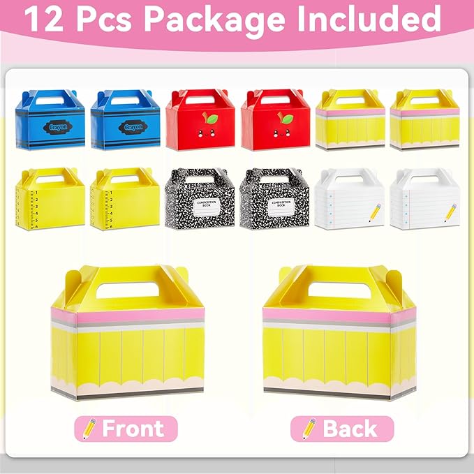 24Pcs Back to School Gift Boxes First Day of School Party Treat Boxes Pencil Crayon Apple Goodie Candy Box Teacher Appreciation Party Favor for Student Preschool Kindergarten Classroom Decorations