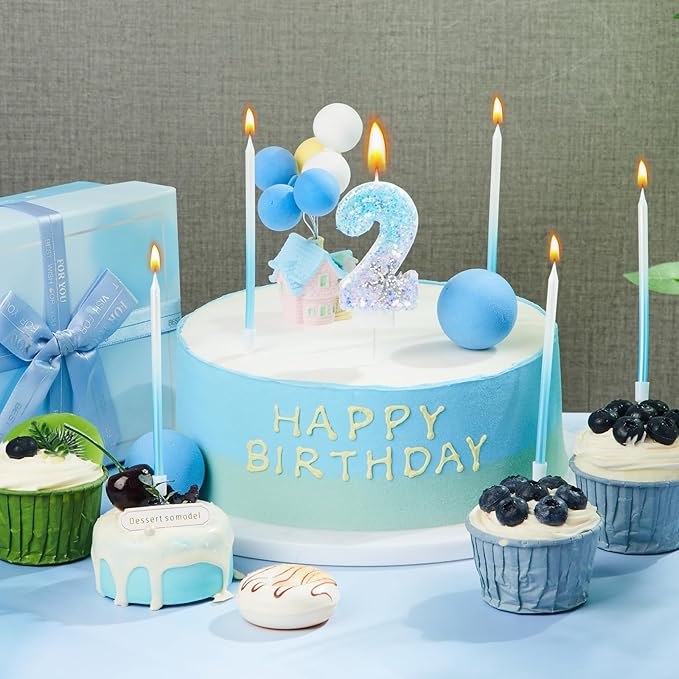 MTLEE Number 2 Birthday Candle Blue Snowflake with 6 Long Thin Cupcake Candles Blue Sparklers Glitter Number Happy Birthday Cake Topper Decorations for Winter Party Supplies