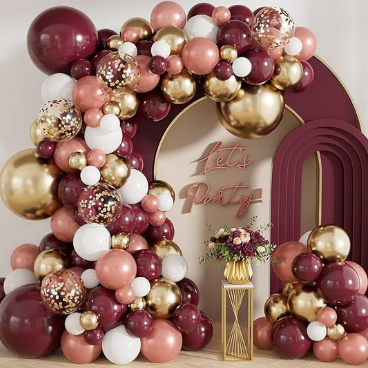 Burgundy Balloon Arch Kit, 139Pcs Balloon Garland Kit with Burgundy, Rose Gold, Gold and White Balloons and Confetti, Elegant Decoration for Wedding, Bridal Shower, Birthday, Bachelorette Party