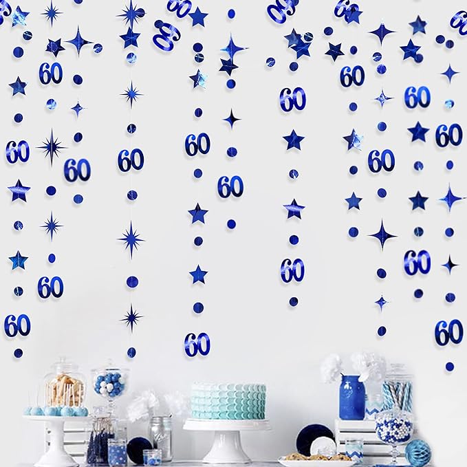 Navy Blue 60th Birthday Decorations Number 60 Circle Dot Twinkle Star Garland Metallic Hanging Streamer Bunting Banner Backdrop for 60 Year Old Happy Birthday 60th Anniversary Sixty Party Supplies