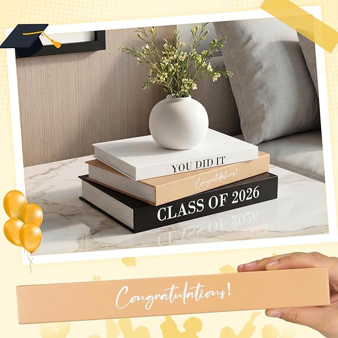 Threehoney 3 Pcs Graduation Table Centerpieces Class of 2026, Graduation Book Centerpiece Congratulate Grad Decoration Decorative Book Storage Box Table Home Party Decor(Black, White, and Yellow)
