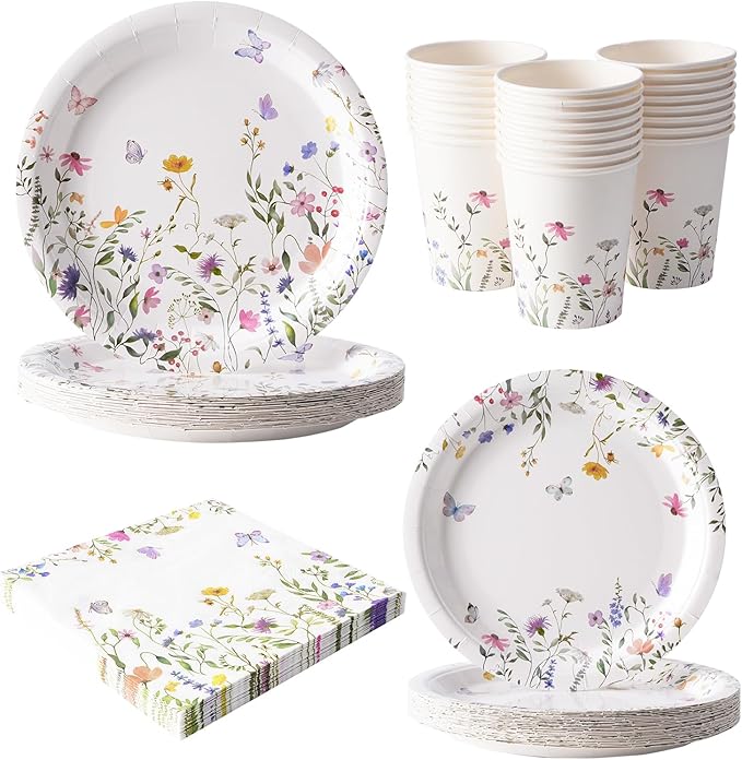 96PCS Wildflower Paper Plates and Napkins, Disposable Floral Plates for Bridal Shower, Garden Party, Wedding, Mother's Day, Spring Party, Baby Shower, Afternoon Tea Party