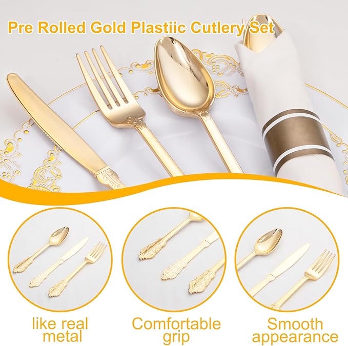 400PCS Pre Rolled Gold Plastic Silverware Sets - Heavy Duty Fancy Gold Cutlery - Include 100 Pack Wrapped Disposable Utensils with Napkins for Parties, Dinners & Weddings