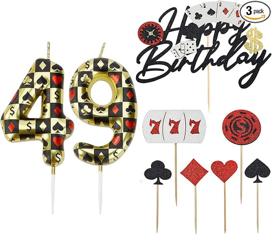 Casino Birthday Number Candles for Cake, Poker Birthday Candles for Casino Themed Birthday Party Decoration, Glitter Casino Birthday Cake Topper for Casino Night Theme Birthday Cake (Number 49 & 94)