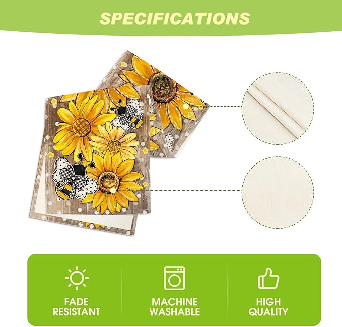 Artoid Mode Wood Sunflower Bee Flower Polka Dot Summer Table Runner, Seasonal Kitchen Dining Table Decoration for Home Party Decor 13x108 Inch