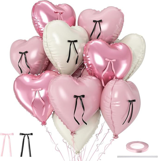 Pink White Heart Balloons with Ribbon Bow, 12 Pcs Pastel Baby Pink Cream Heart Shape Foil Balloon, 18 Inch Helium Balloon with Bow Decor for Girls Birthday Baby Shower Bridal Wedding Coquette Party