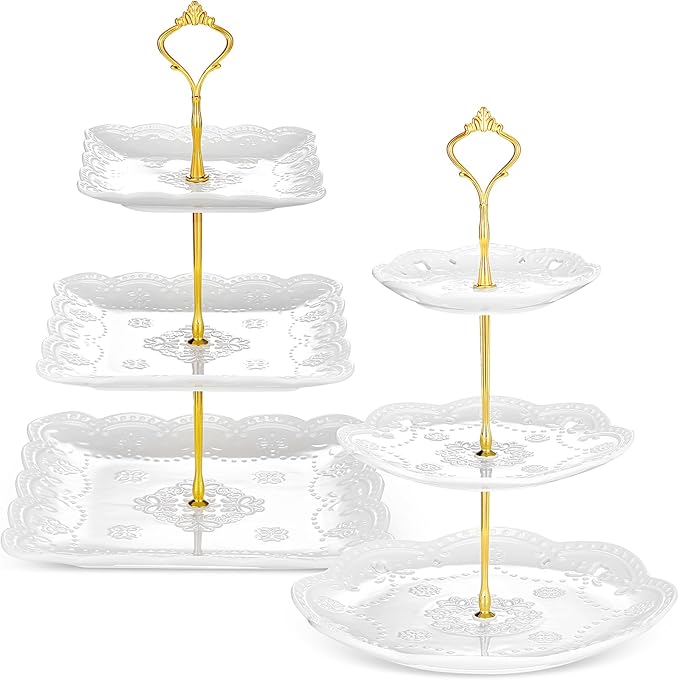 Ctosree 2 Pcs 3 Tier Porcelain Cupcake Stand Round and Square White Ceramic Cake Stand 3 Tier Serving Tray Tiered Dessert Display Embossed Tea Elegant Stands Wedding