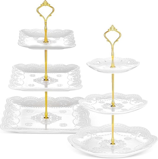 Ctosree 2 Pcs 3 Tier Porcelain Cupcake Stand Round and Square White Ceramic Cake Stand 3 Tier Serving Tray Tiered Dessert Display Embossed Tea Elegant Stands Wedding