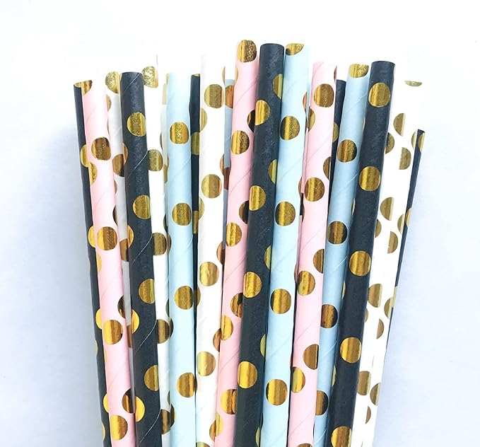 100 pcs Mixed Colorful Party Paper Straws, Colored Black Light Pink Blue White Gold Foil Polka Dot Drinking Straws Bulk, Disposable Craft Holiday Birthday Wedding Cake Pop Sticks (Metallic Dot)