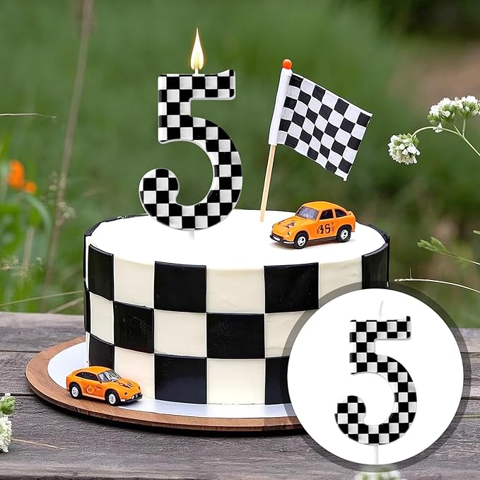 Racing Cars Themed Birthday Candle, Checkered Flag Number Candles Black and White Candles Happy Birthday Cake Topper Party Decorations for Boys Racing Cars Themed Party Supplies (Number 5)