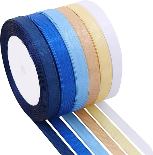 TONIFUL 6 Rolls Graduation Satin Ribbon 3/8 Inch Blue Gold White Ribbons for Gift Wrapping, Flower Bouquet, Bows, Treat Bags, Crafts, Graduation Leis, Birthday Baby Shower Party Decor(25 Yards/Roll