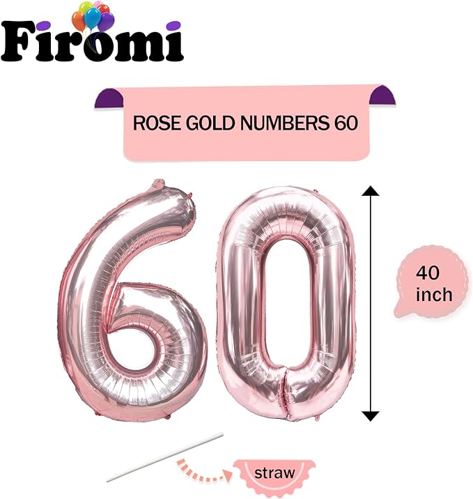 FIROMI 60 Foil Number Balloons Rose Gold 40-inch Big Giant Jumbo Mylar 60 Balloon Numbers for 60th Birthday Party Anniversary Decoration
