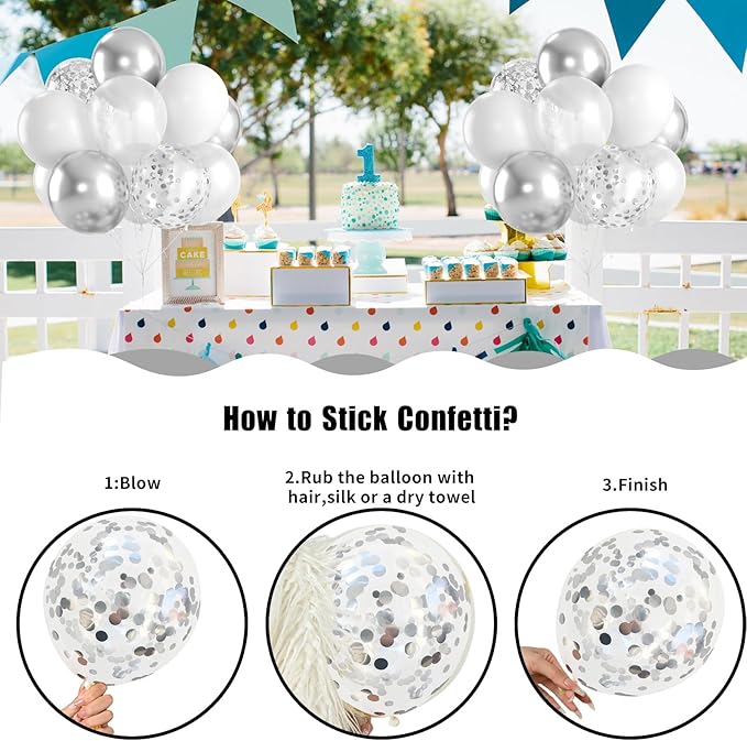 White and Silver Balloons Set, 60 PCS Chrome Confetti Metallic Balloons, Globos Plateados Metalicos for Wedding, Graduation, Birthday Decorations