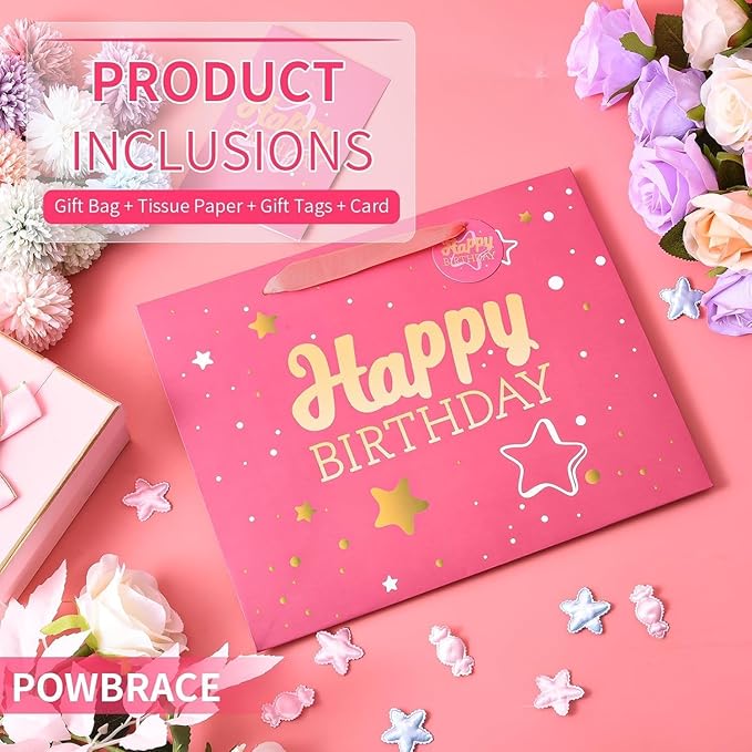 Powbrace 16" Pink Happy Birthday Gift Bag with Tissue Paper and Greeting Card for Party,Happy Birthday Gift Bag for Men Women,Gift Bags Extra Large(2 PCS Pink Hot Stamping)