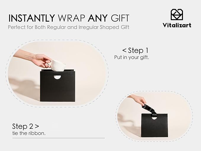Vitalizart Paper Gift Bags With Ribbon Handles Set of 10 Black Bulk Reusable For Gift Wrap Girls Kids Birthday Bridal Shower Party Favors Goodie Bags Candy Toys Christmas 7.87"x3.54"x7.09" Small Size