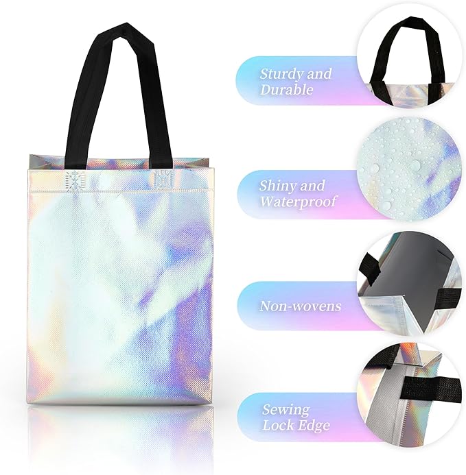 GouZaak 30 Pack Iridescent Gift Bags, Holographic Reusable Gift Bags With Black Handles And 2 Style Tissue Paper, 8 x 4 x 10 Inch Medium Size, Iridescent Party Favor Bags For Wedding Birthday Holiday