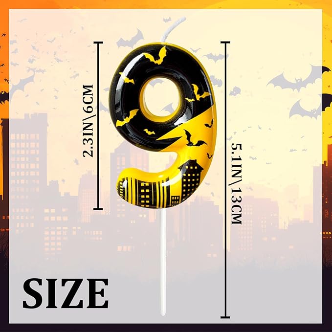 Black Yellow Number 9 Birthday Candle for Cake – Dark Night Hero Style with Bat & City Silhouette Design – Unique Cake Topper for Birthday, Anniversary, Themed Party Decoration