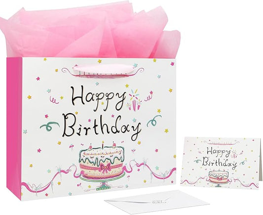 Oletx 13" Large Happy Birthday Pink Paper Bags,Pink Gift Party Favor Bags with Tissue Paper Birthday Card for Women's Party,Mother's Day,Valentine's Day