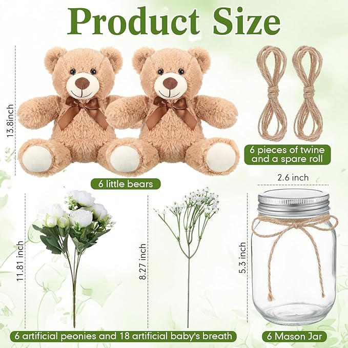6 Set Baby Shower Bear Centerpieces for Tables Mason-Style Glass Jars with Artificial Peonies and Baby's Breath Rustic Table Decor for Gender Reveal Party Wedding (Brown)