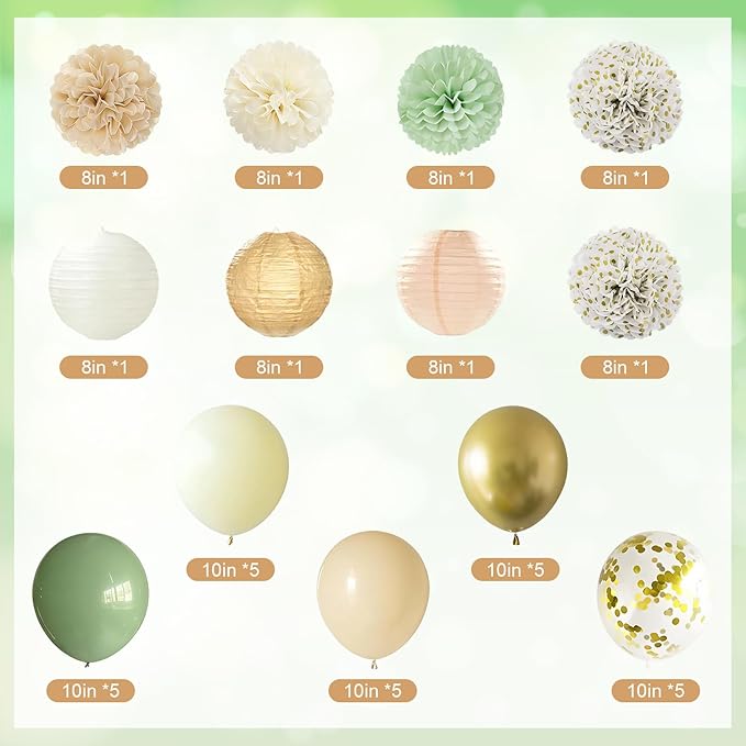 48 Pcs Sage Green Birthday Decorations for Women Girls, Happy Birthday Banner, Cream Neutral Balloons, Tassel Garland, Peach Paper Lanterns, Tissue Pom Poms Fan, Rustic Backdrop Decor