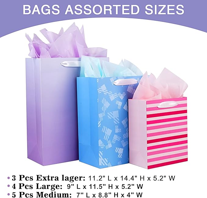 12 Pack Gift Bags Assorted Sizes and Designs, Gift Bags Bulk with Tissue Paper (5 Medium 8", 4 Large 11", 3 Extra Large 14") for Birthday, Baby Showers, Bridal Showers, Easter Day Any Occasion