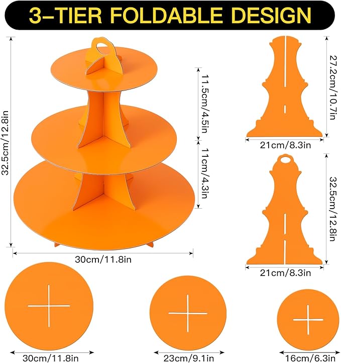 Soleebee 3-Tier Round Cupcake Stand, Cardboard Cupcake Tower, Dessert Cup Cake Stand Tower for Birthday Wedding Party Decoration, Cupcake Tier Stand 1 Set (Orange)