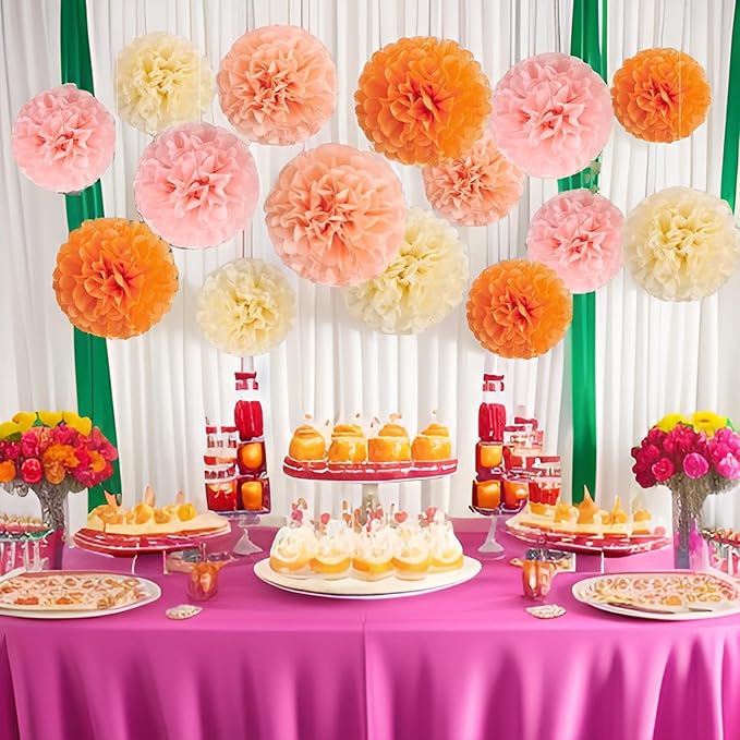 XIKSXITN 12 pcs Orange Paper Pom Poms Decorations for Party in 2 Colors,Ceiling Hanging Tissue Paper Flowers Decorations (8&10&12 inch)