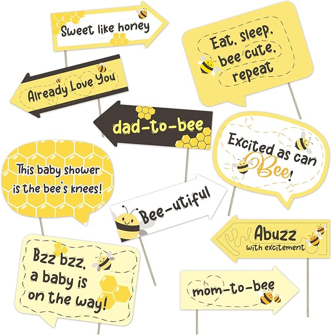 Bee Baby Shower Photo Booth Props - Party Supplies Funny Boy Girl Picture Photography Kit Unisex Neutral Honeybee Decorations - Selfie Props with Sticks - 10pcs