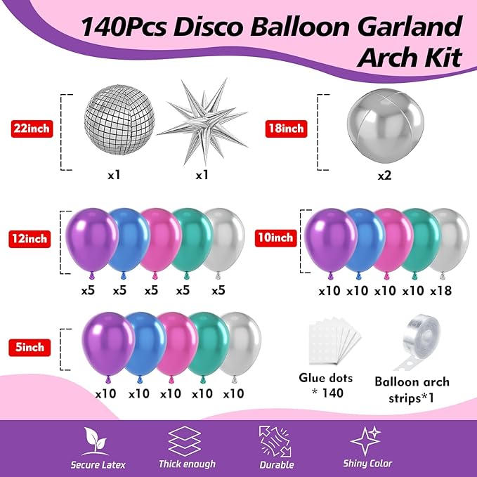 Disco Balloons Garland Arch Kit - 22 18 12 10 5 inch Metallic Purple Blue Hot Pink Green Silver Chrome Disco Balloon with for Birthday Sing Themed 70S 80S 90S Bachelorette Party Decorations