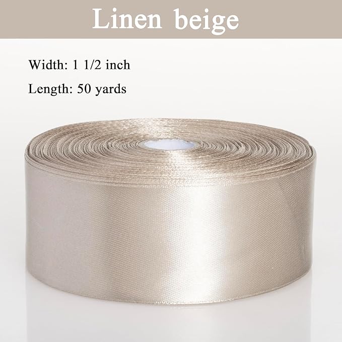YASEO 1 1/2 Inch Linen Beige Solid Satin Ribbon, 50 Yards Craft Fabric Ribbon for Gift Wrapping Floral Bouquets Wedding Party Decoration