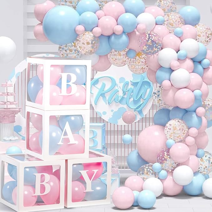 Voircoloria Baby Boxes with Letters for Baby Shower, Gender Reveal Decorations with 4 Transparent Balloon Boxes for Gender Reveal Party (Blue and Pink Balloons)