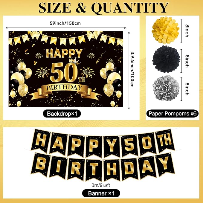 50th Birthday Decorations, Pre-Strung Happy Birthday Banner with Balloons, Backdrop, Honeycomb Centerpieces, Hanging Swirl Streamers, Black Gold Happy Birthday Party Decorations for Men Women